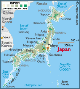 Map of Japan. Mt. Fuji is the small yellow rectangle near the bottom right of the main island.