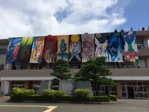 The completed banners hanging outside the school! I'm amazed at the talent of the students.